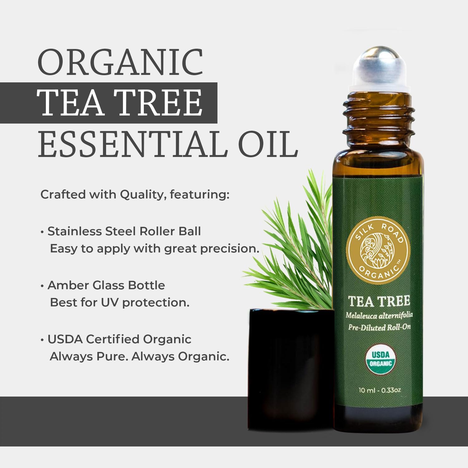 Organic Tea Tree Essential Oil Roll On - 50/50, Pure USDA Certified – Healthy Skin, Hair, Toenails, Feet - 10 ml Roller