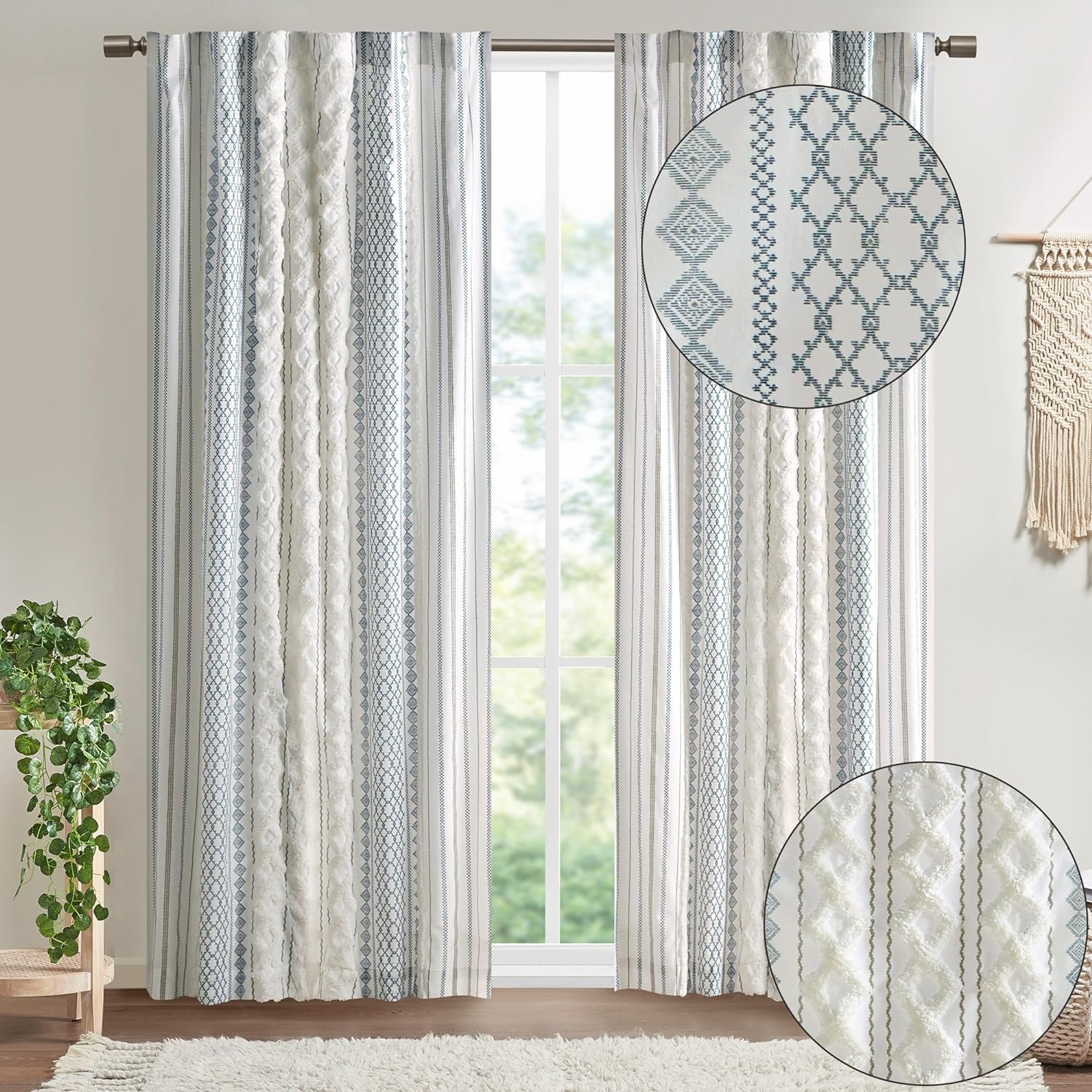 Boho Curtains for Bedroom SINGLE PANEL Window Curtains, 50x84 White/Navy