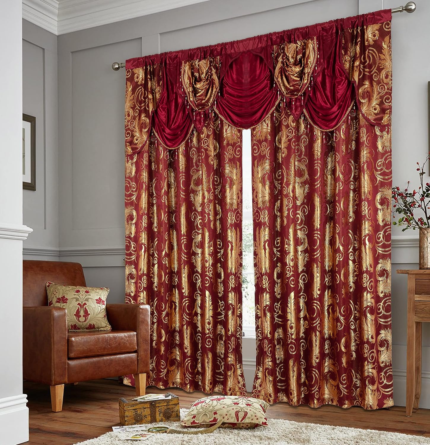 Jacquard Luxury Window 1 Panel Set Burgundy Curtain with Attached Valance and Backing , 110x84 inches Each