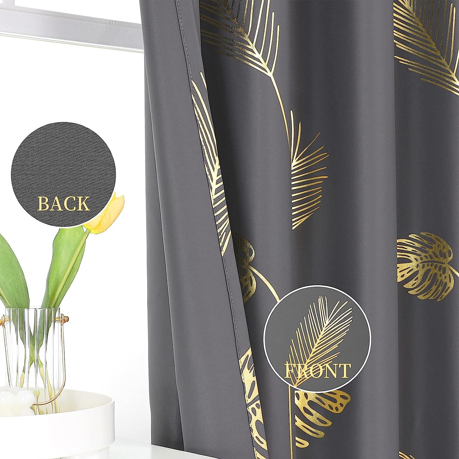 Dark Grey Blackout Curtains & Drapes 84 Inch Length 2 Panels Set for Living Room, Thermal Insulated Room Darkening Gold