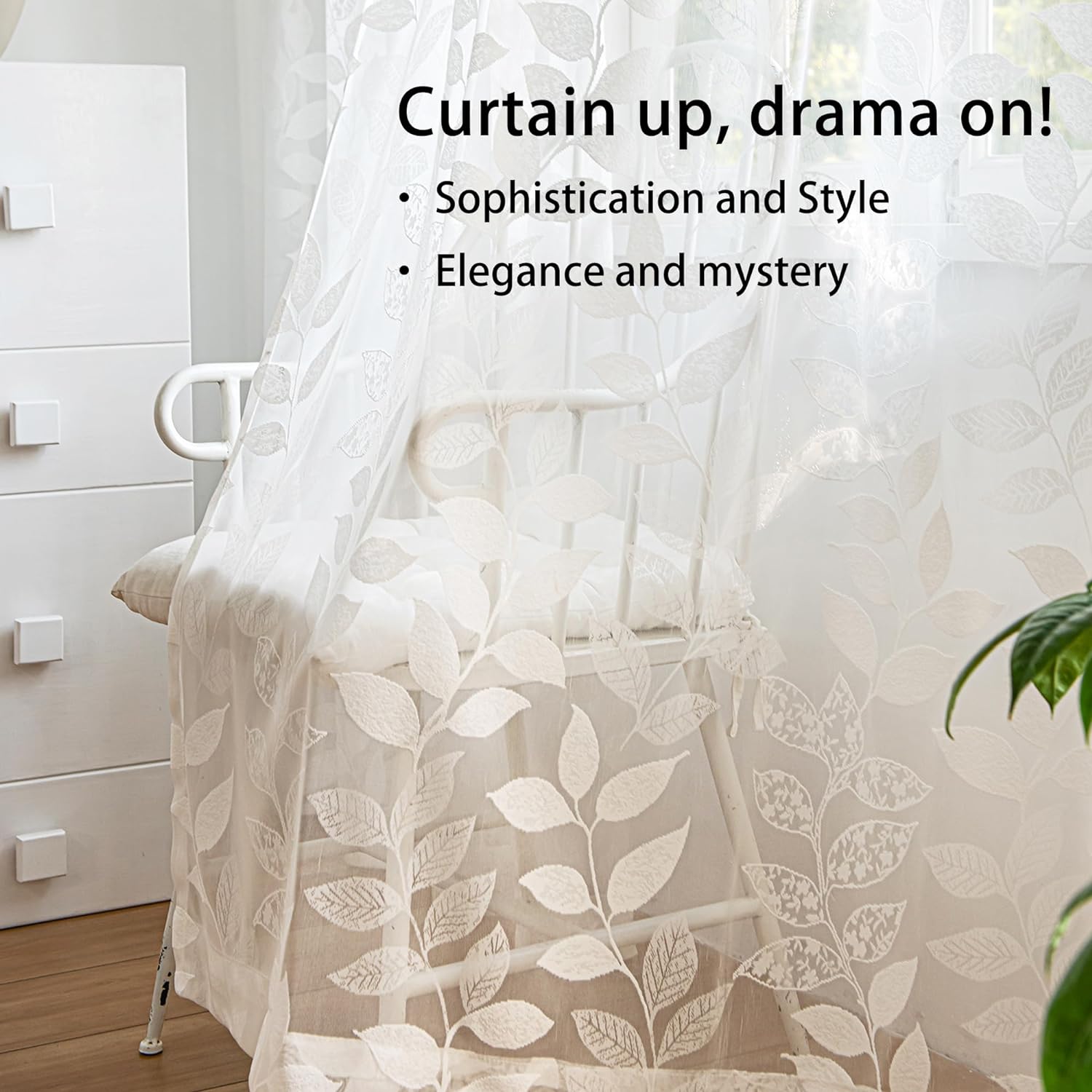 White Lace Sheer Curtains 63inch Vintage Leaf Knitted Window Curtain Drapes, 54" W,  2 Panels