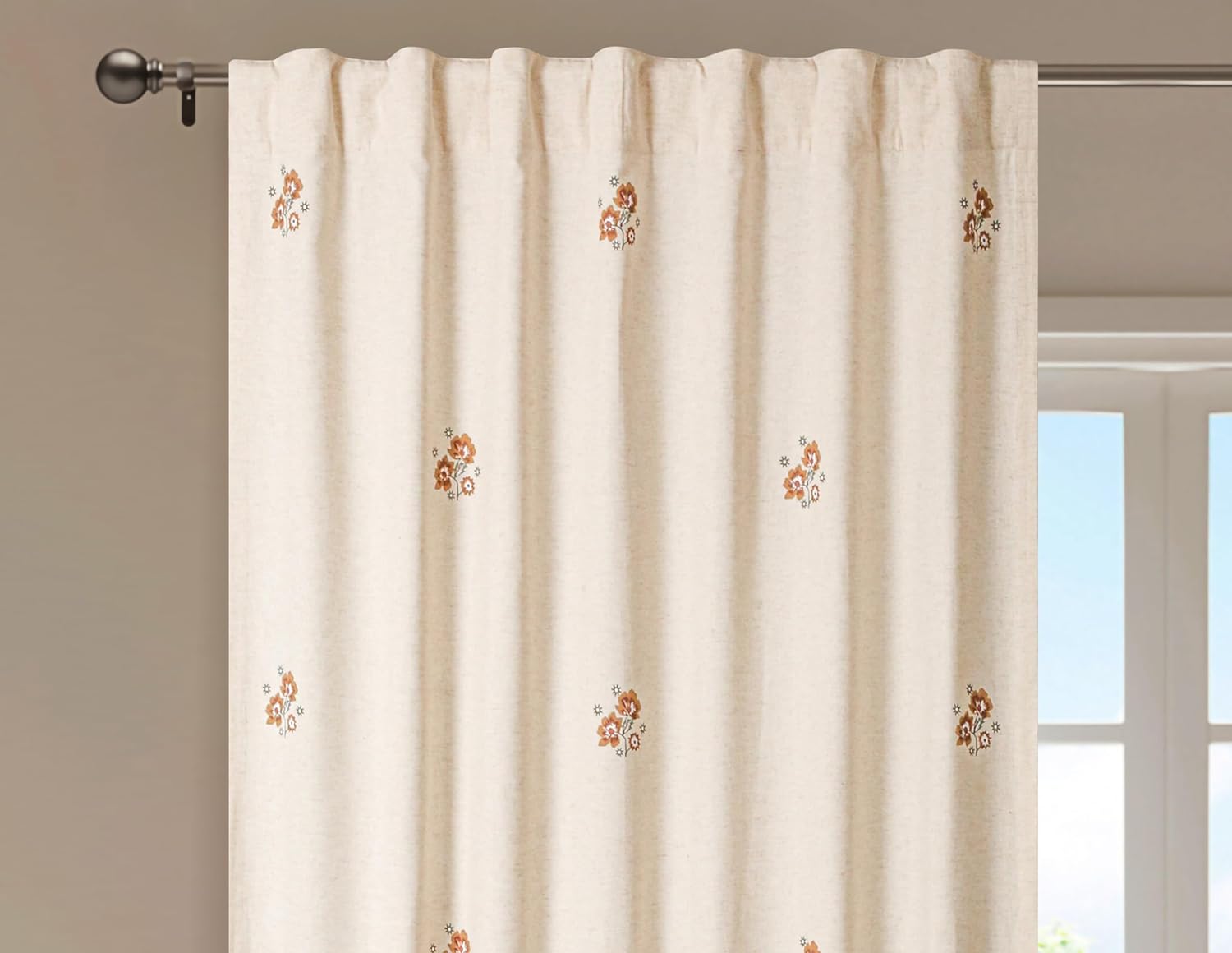 Bedding Craft Linen Curtains Drapes, Flower Print Linen Curtains, 1 Piece, Natural Brown White 50 x 84 inches)