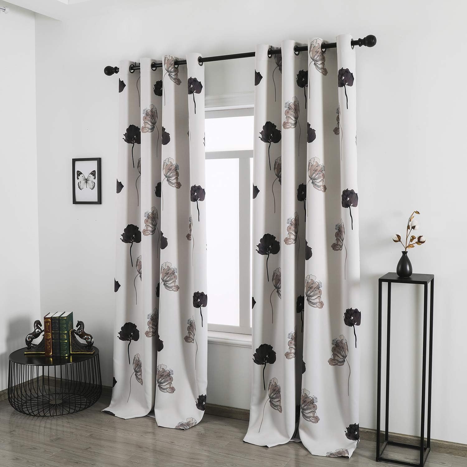 Home Floral Print Thermal Insulated Bedroom Heat Absorbing Room Darkening Curtain Grommet Panels, Set of 2, 52 W x 95 L, Black/Grey/Brown