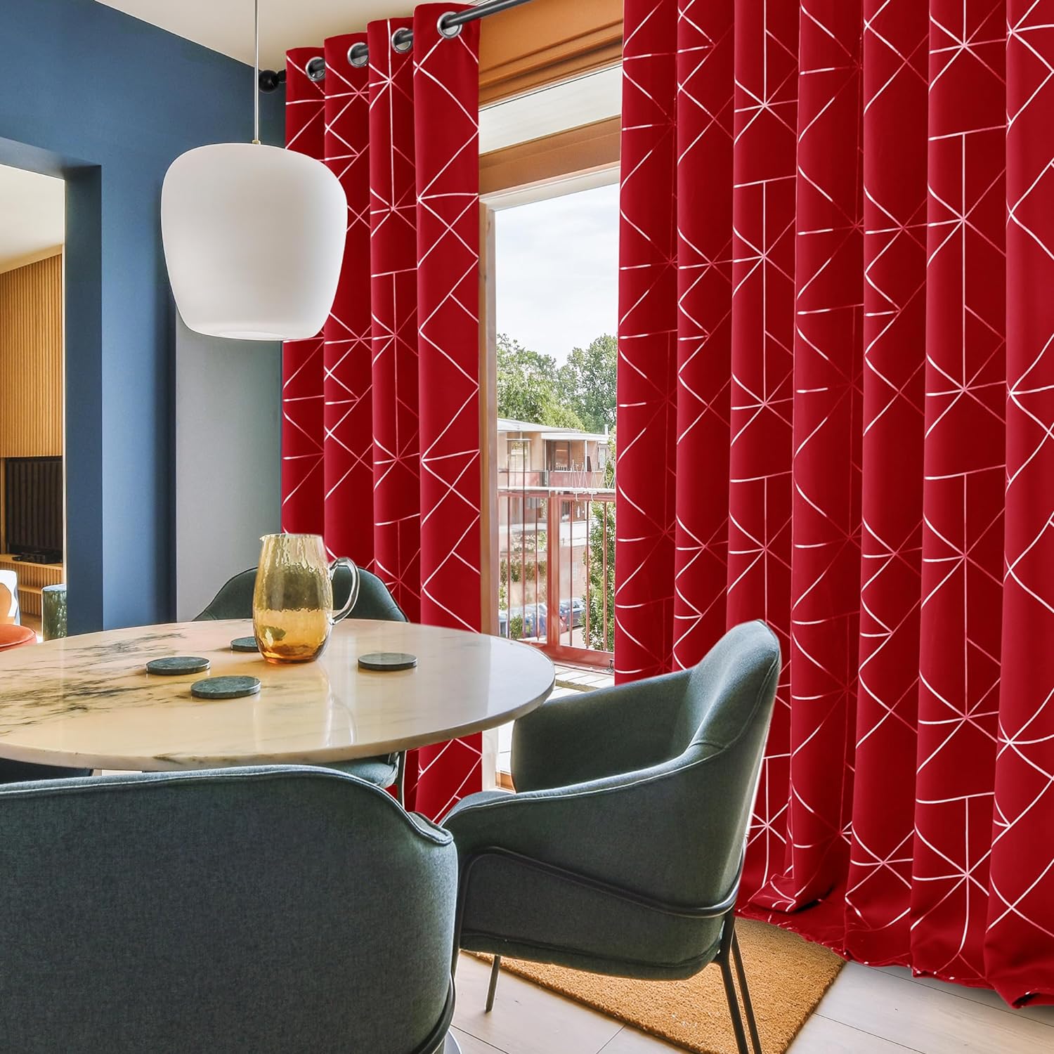 Curtains for Home Decoration, Blackout Curtains 84 Inches, Set of 2, Silver Geometric Patterned  52W x 84L, True Red