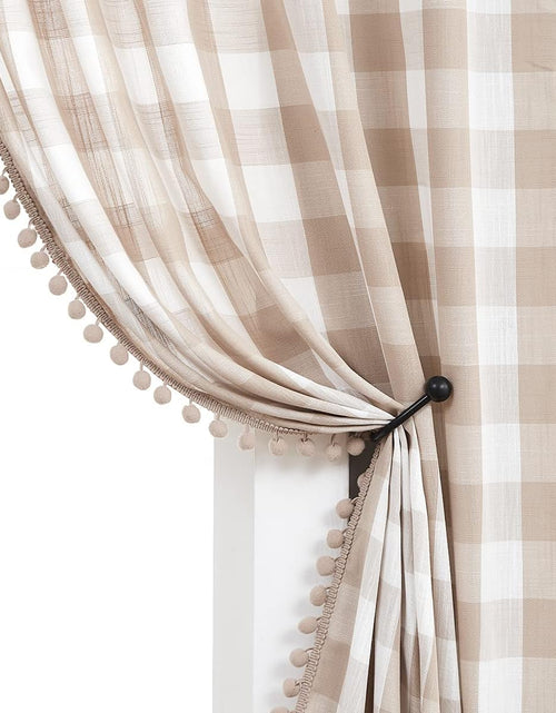 Load image into Gallery viewer, Pompom Buffalo Check Curtains Taupe and White Plaid Window Treatment Set 95 inch Rustic Farmhouse Curtain Drapes
