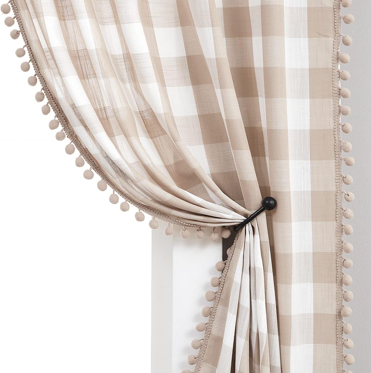 Pompom Buffalo Check Curtains Taupe and White Plaid Window Treatment Set 95 inch Rustic Farmhouse Curtain Drapes