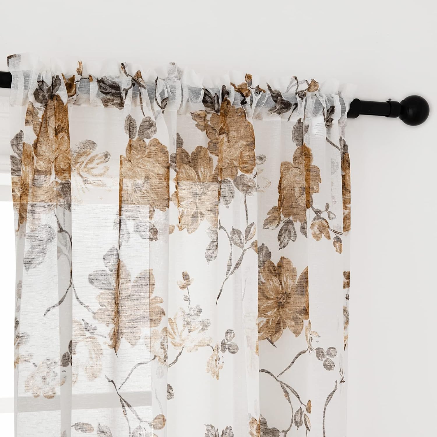 Vintage Floral Curtains 84 Inch Length 2 Panels Set for Living Room Bedroom Rod Pocket Semi Sheer,  Taupe on White