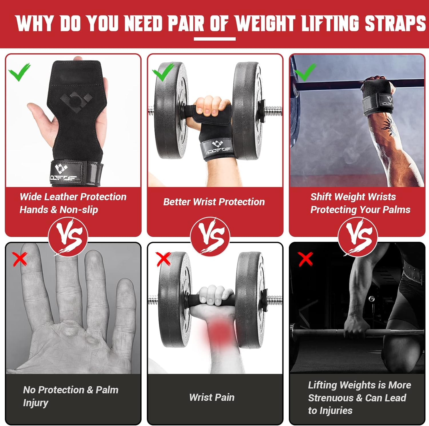 Double Layer Leather Weightlifting Wrist Strap for Deadlift and Powerlifting, Midnight Black, Pair