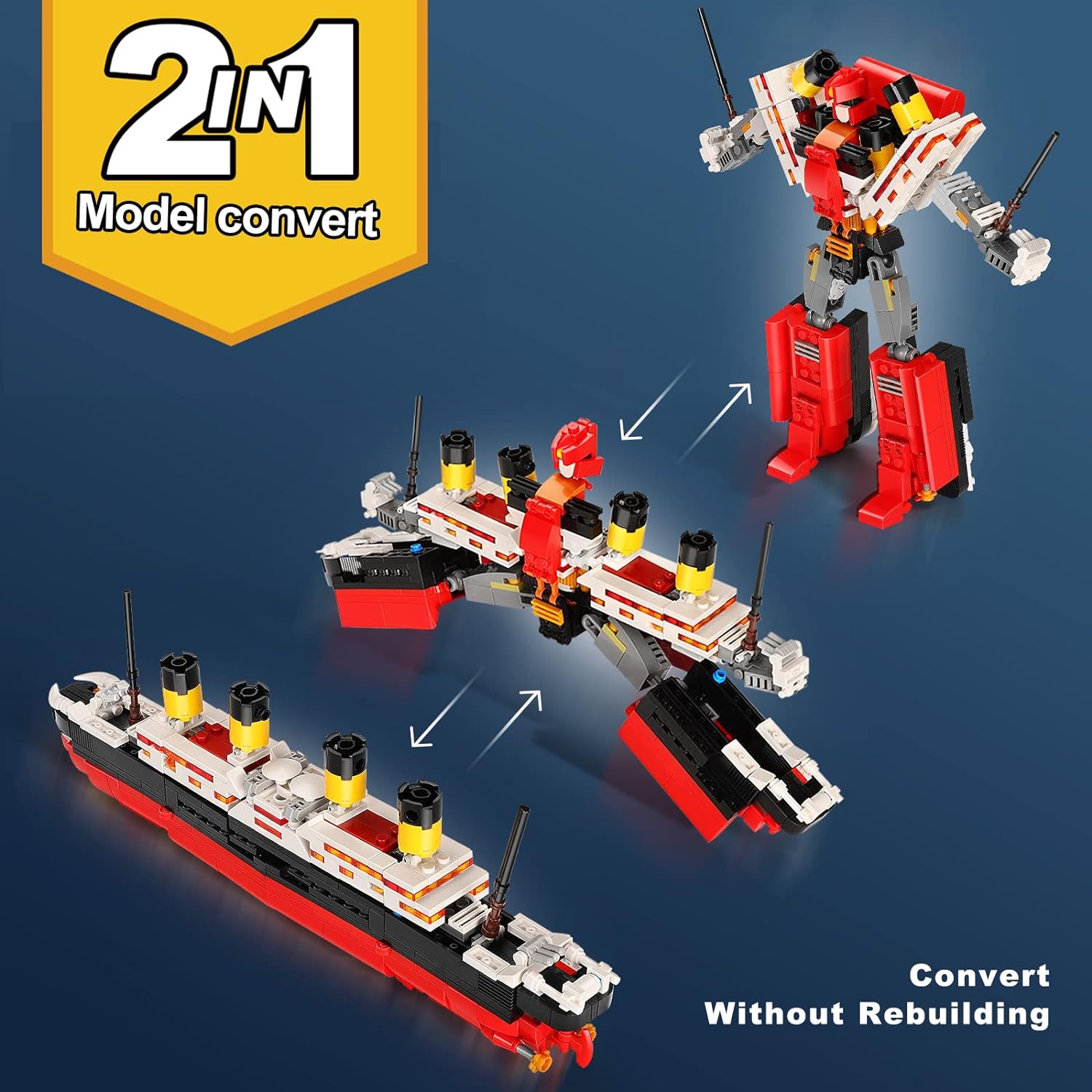 2 in 1 Titanic Model & Transform Robot Building Kit, Collectible Display Model Set