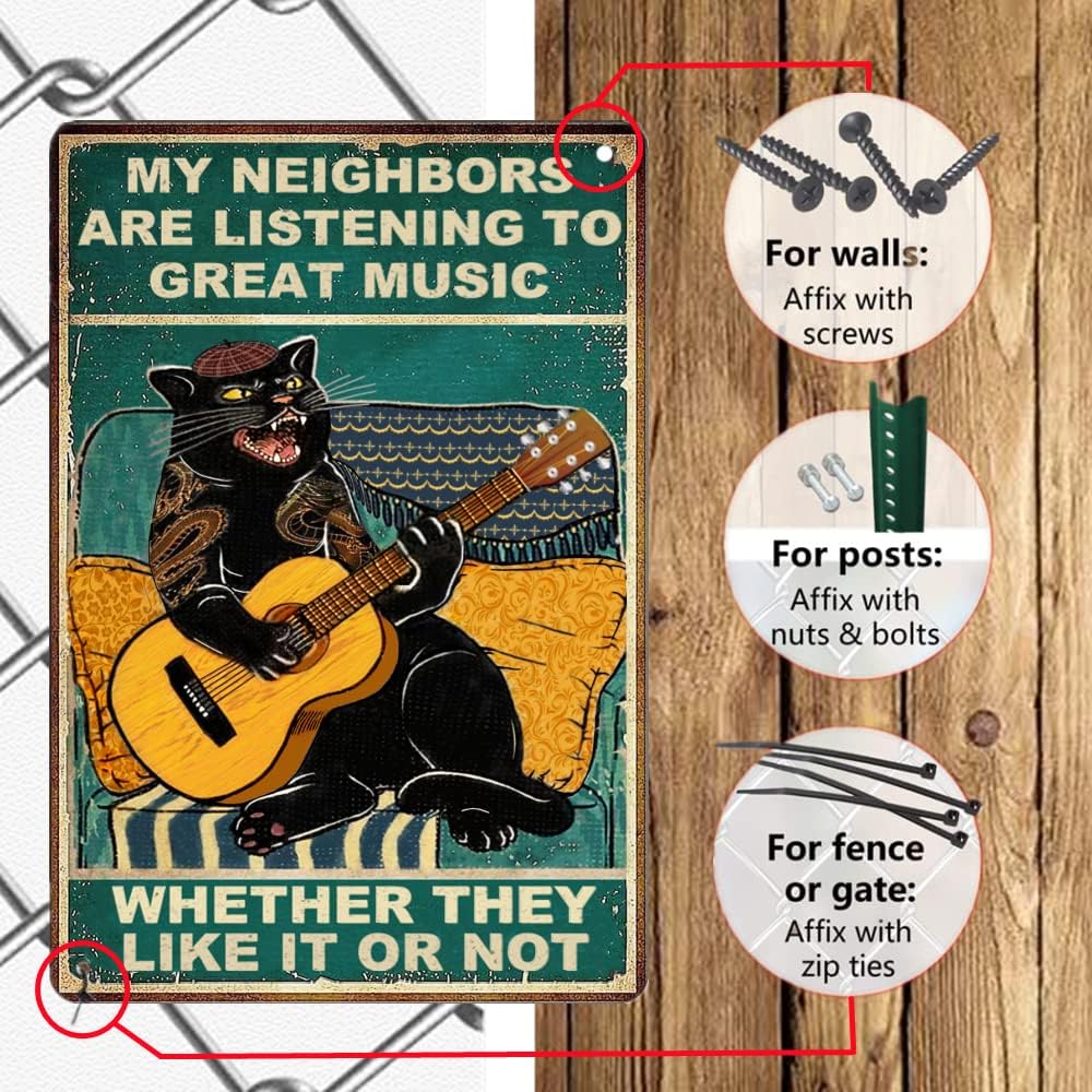Funny Cat Guitar Metal Signs Vintage Rock Music Wall Decor