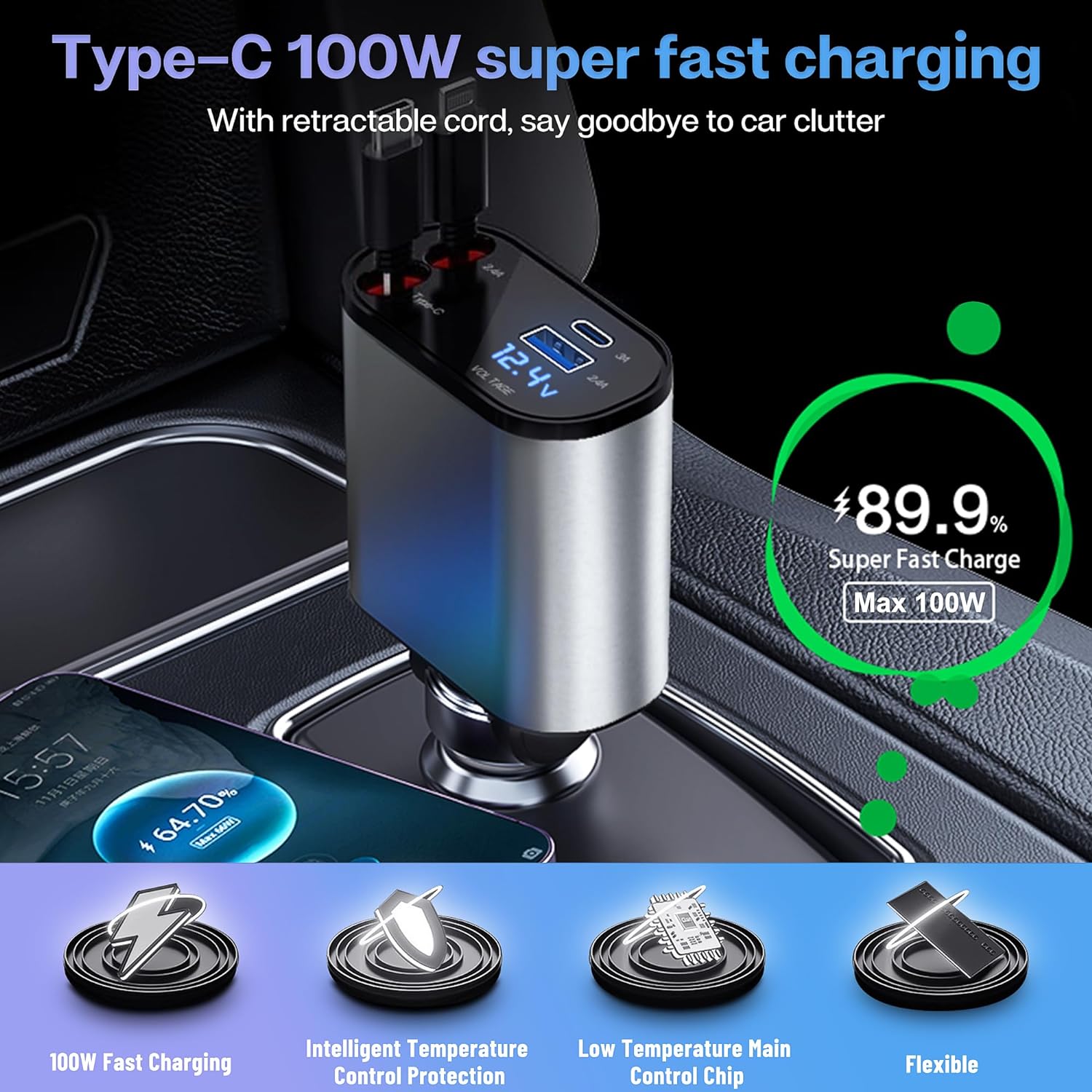 Retractable Car Charger with 100W, 4 in 1 Car Fast Charger for iPhone and Type C