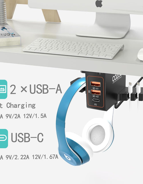 Load image into Gallery viewer, Headphone Stand with USB Charger Under Desk Headset Holder Mount with 3 Port USB Charging Station (20W PD &amp; QC3.0 )
