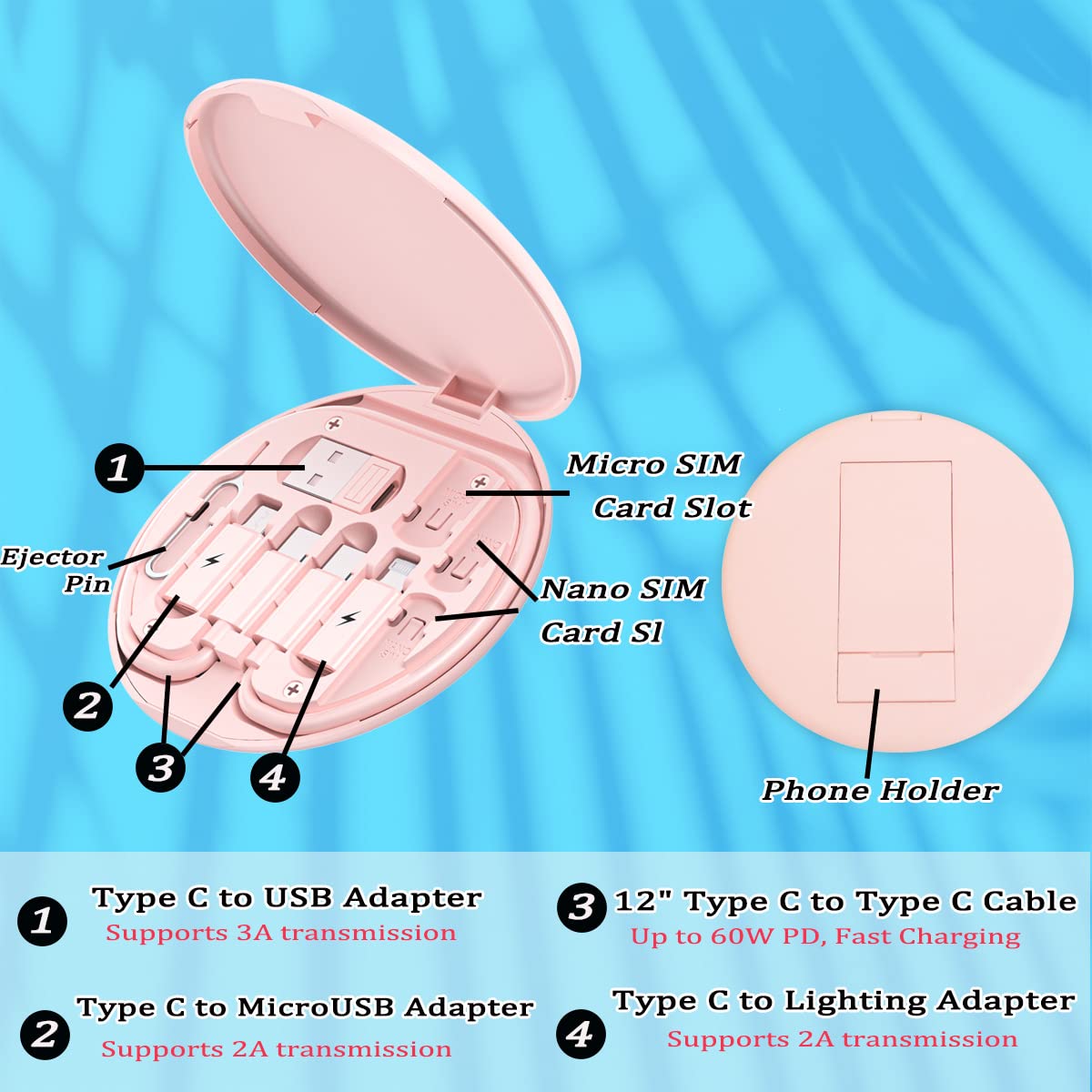 Multi USB Charging Adapter Cable Kit, USB C to Lighting Adapter Box  (Pink)