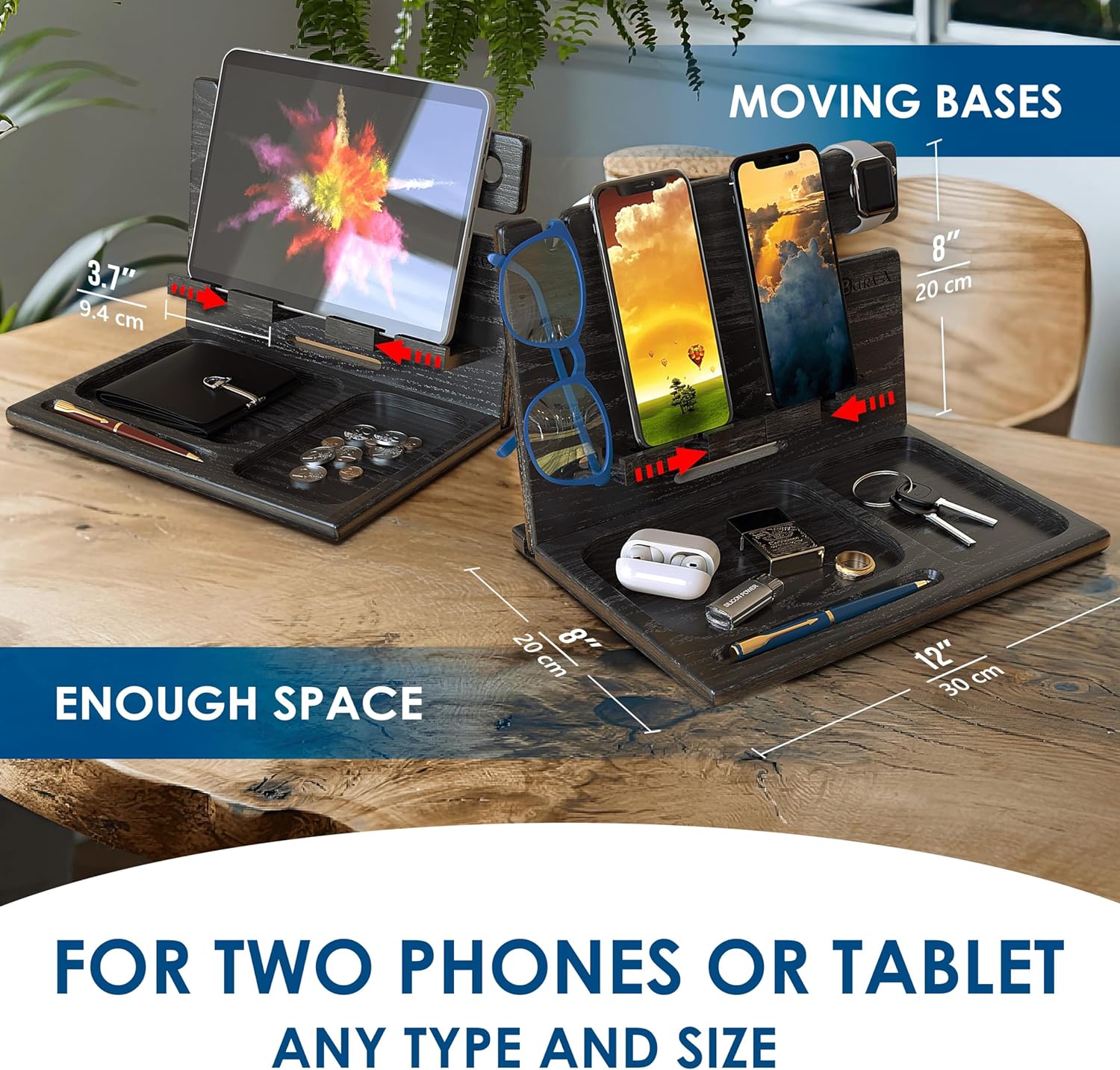 Wood Docking Station 2 Phone Nightstand Organizer Table Charging Dock Multi Watch Charging Stand, Black