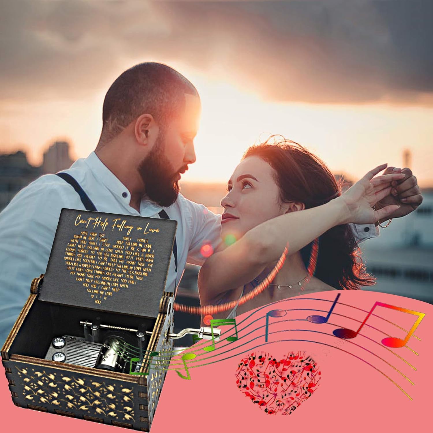 Can't Help Falling in Love Wood Music Box, Antique Engraved Musical Boxes, Black