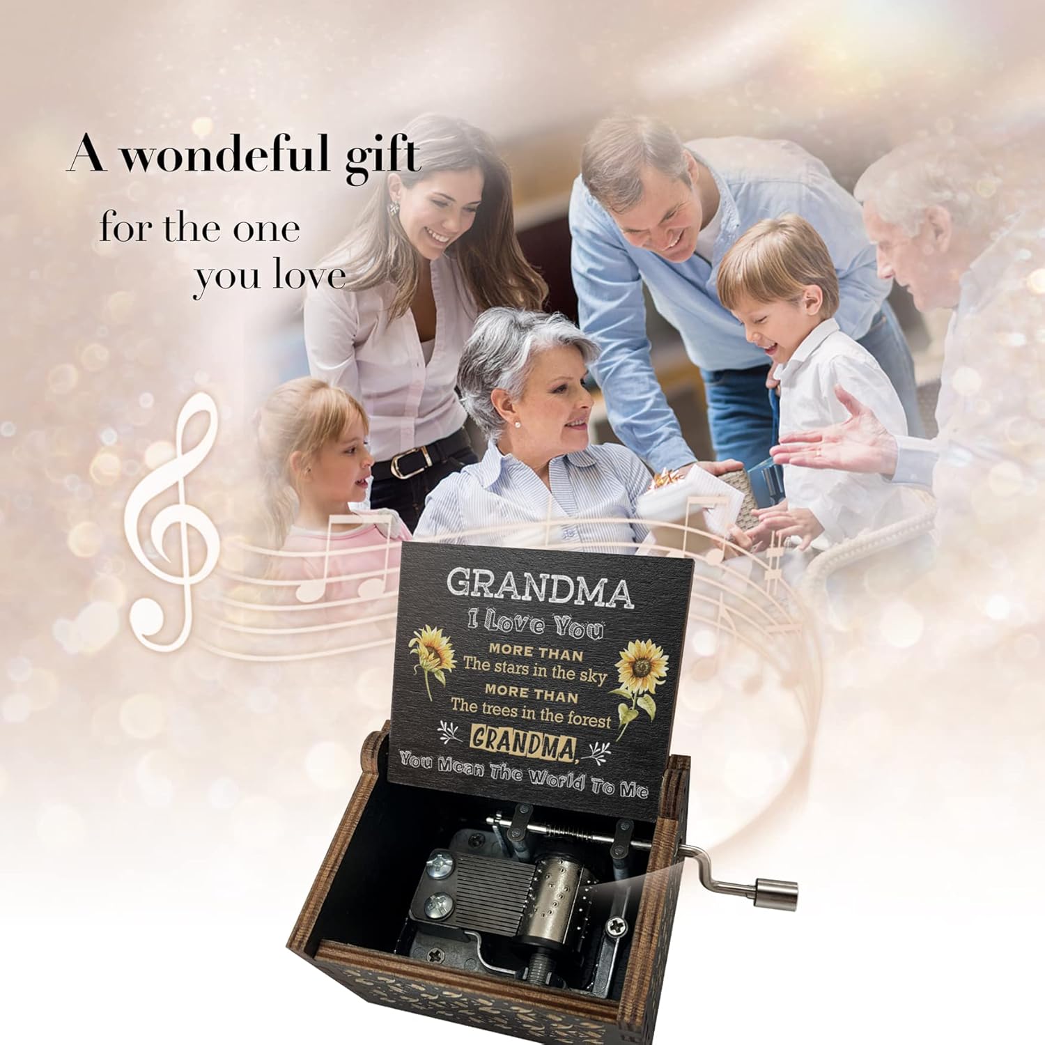 Sunflower Music Box Gifts for Grandma,Best Grandma Birthday Gift,You are My Sunshine Hand Crank Engraved Wooden Musical Boxes