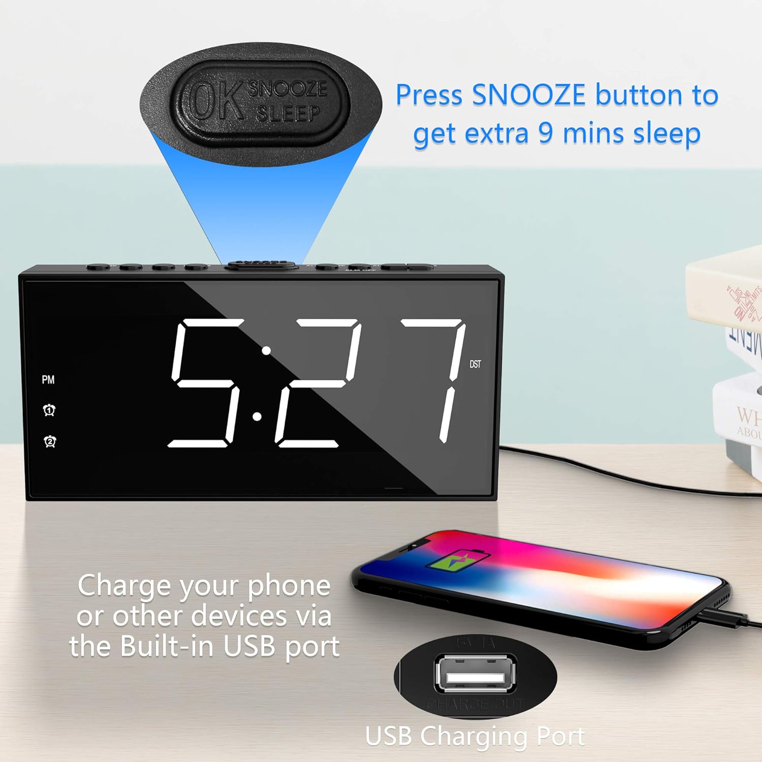 Alarm Clock for Bedroom, 2 Alarms Loud LED Big Display Plug in Simple Basic Digital Clock with USB Charging Port, White Digits