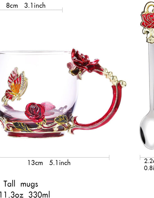Load image into Gallery viewer, Glass Tea Cup Coffee Mugs &amp; Gifts for Women with Spoon Beautiful Rose Flower Butterfly (Red)
