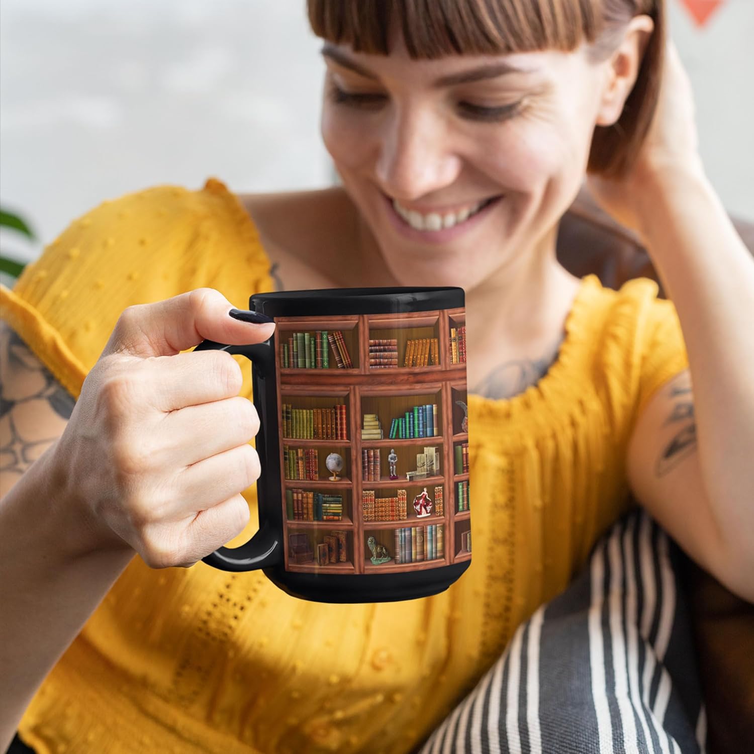Library Bookshelf Mug Gifts For Book Lovers Women,  Mug Librarian Book Lovers Gifts for Readers Writer Black 15oz
