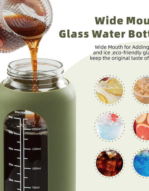 Load image into Gallery viewer, 74oz Glass Water Bottle with Straw 2.2L Large Gallon Motivational Water Bottle with Handle and Time Marker, Olive
