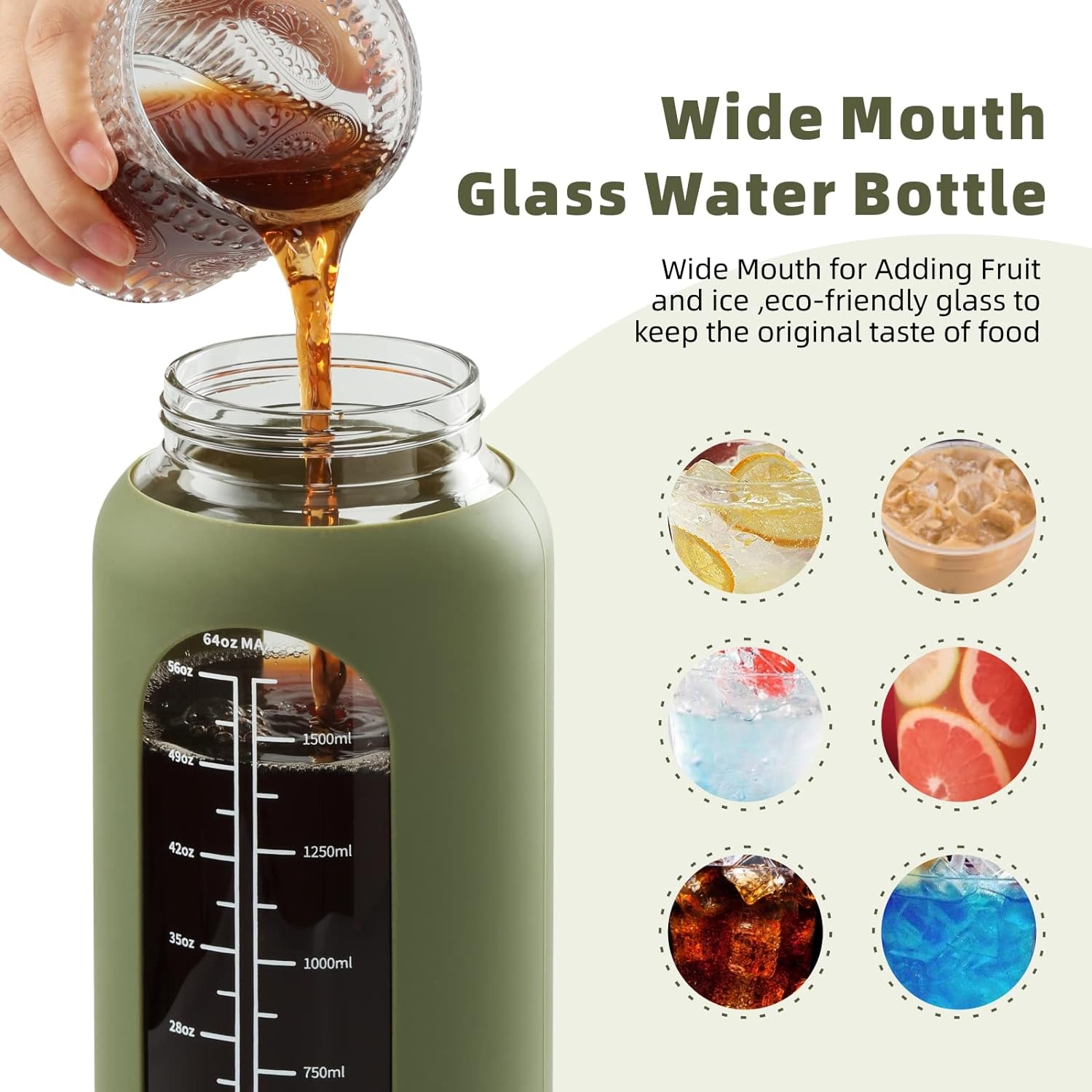 74oz Glass Water Bottle with Straw 2.2L Large Gallon Motivational Water Bottle with Handle and Time Marker, Olive