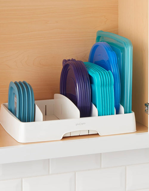 Load image into Gallery viewer, Food Container Lid Organizer, Large, BPA-Free Adjustable Plastic Lid Storage for Kitchen Cabinet and Drawer Organization, White
