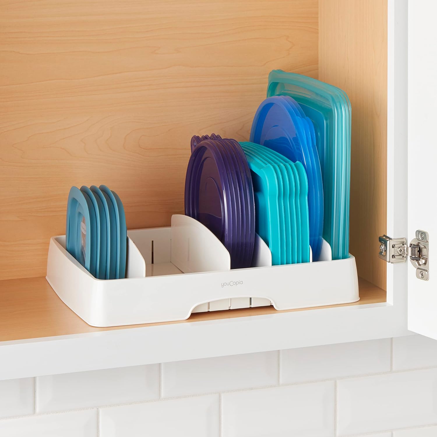 Food Container Lid Organizer, Large, BPA-Free Adjustable Plastic Lid Storage for Kitchen Cabinet and Drawer Organization, White