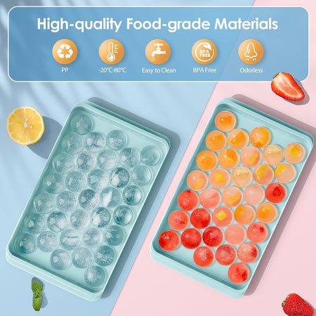 Ice Cube Tray for Freezer with Lid & Bin, 0.8"x66 Round Ice Cube Mold with Container (2 Trays 1 Ice Bucket & Scoop)