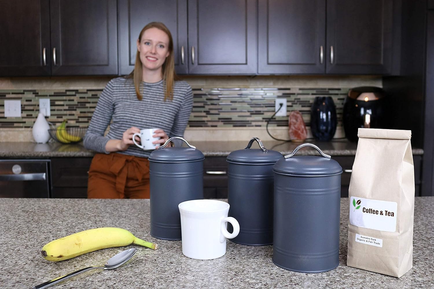 Set of 3 for Countertop Storage of Coffee, Food, Charcoal Grey Metal (8 Inches High with Lids, 4.5 Inches Diameter)