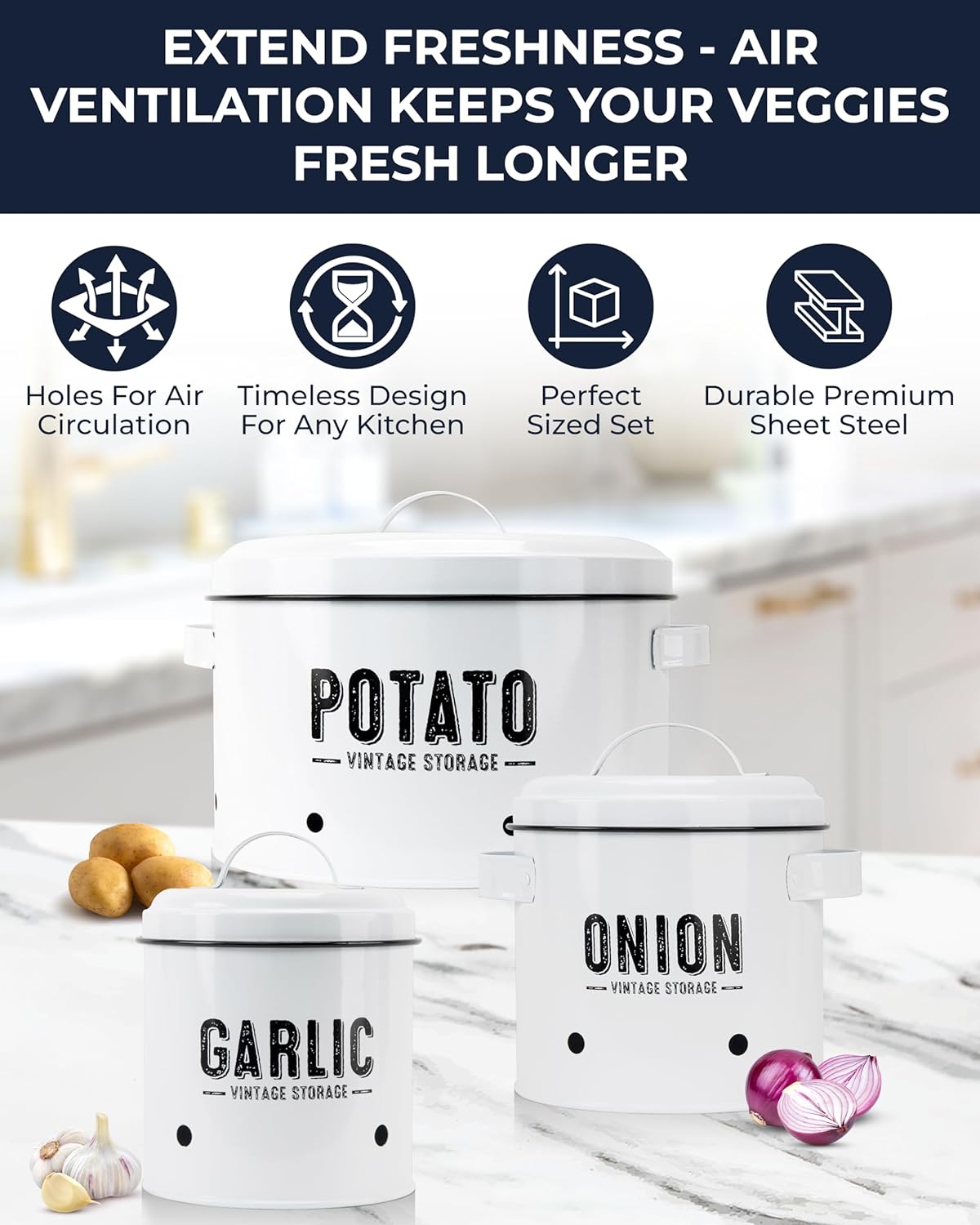 Potato Storage For Pantry, Canister Sets for the Kitchen Counter, Potatoes Storage, White
