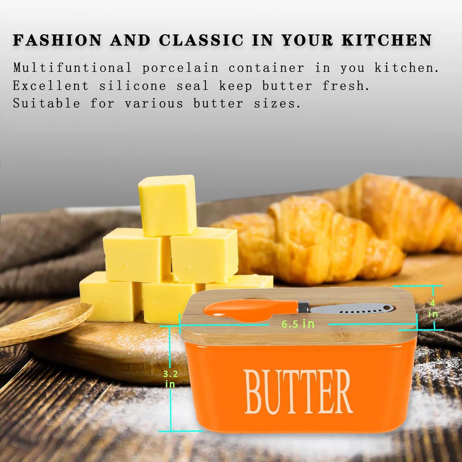 Large Butter Dish with Lid for Countertop Ceramic Butter Container with Knife Holder, Orange