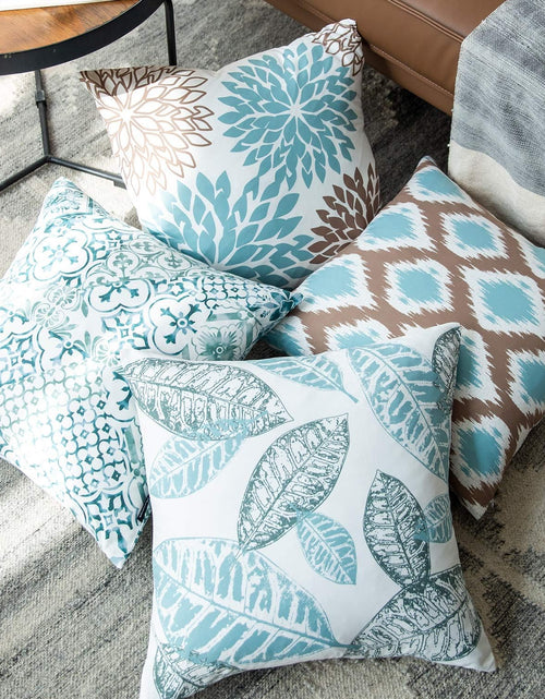 Load image into Gallery viewer, Set of 4 New Living Series Leaf Geometric Blue and Coffee Throw Decorative Pillow Cover Cushion Cover 18 x 18 inches
