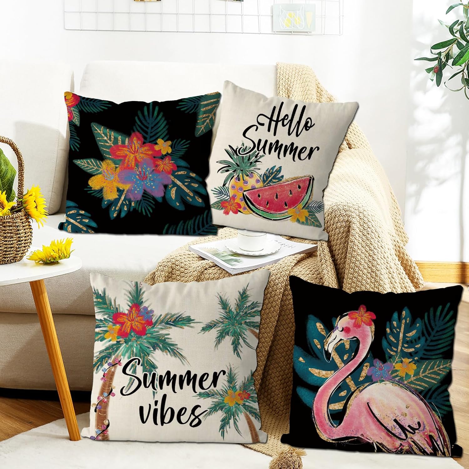 Set of 4 Flamingo Watermelon Throw Pillow Covers Summer Farmhouse Cushion Cases