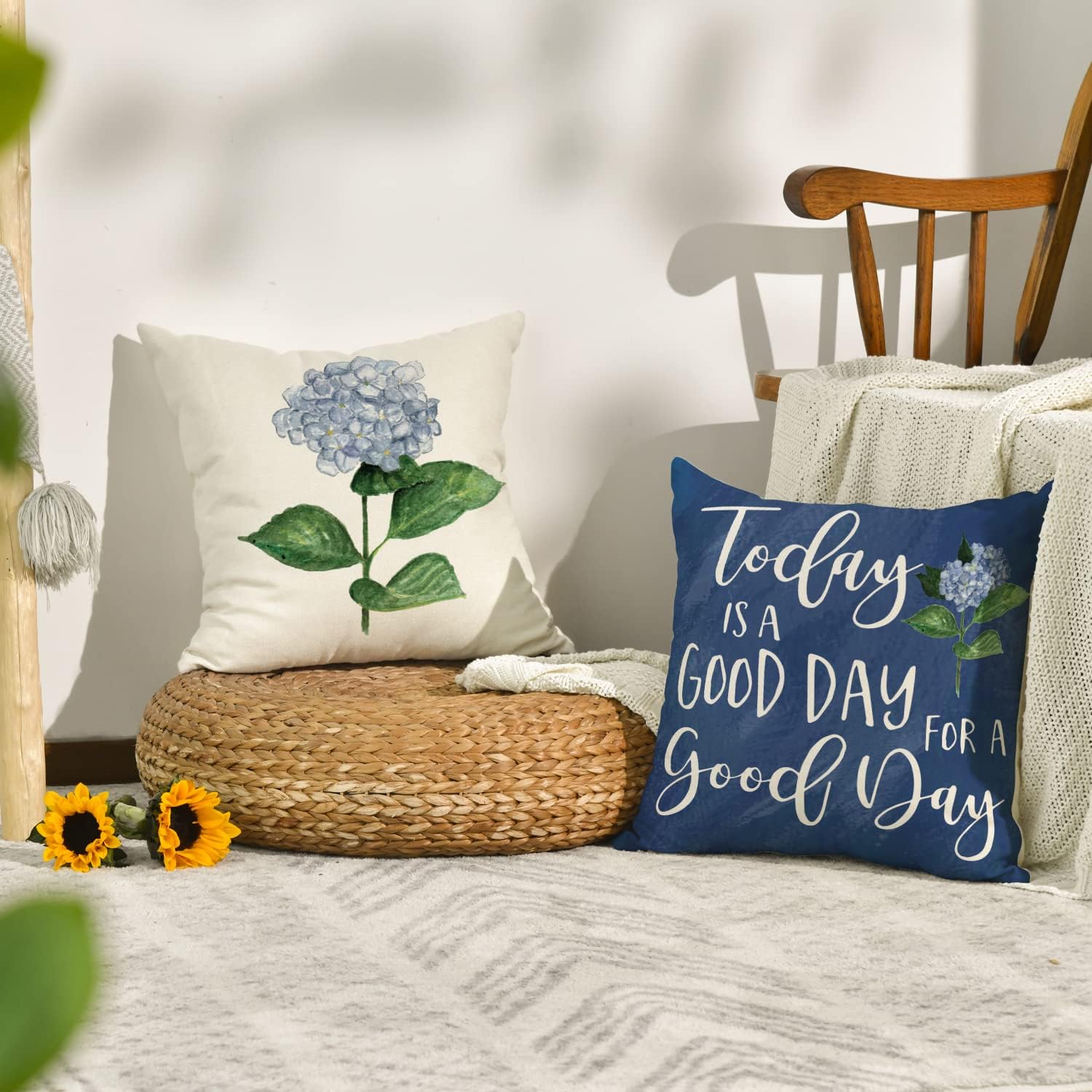 Blue Hydrangea Spring Summer Throw Pillow Covers, 18 x 18 Inch Today is A Good Day, Set of 4