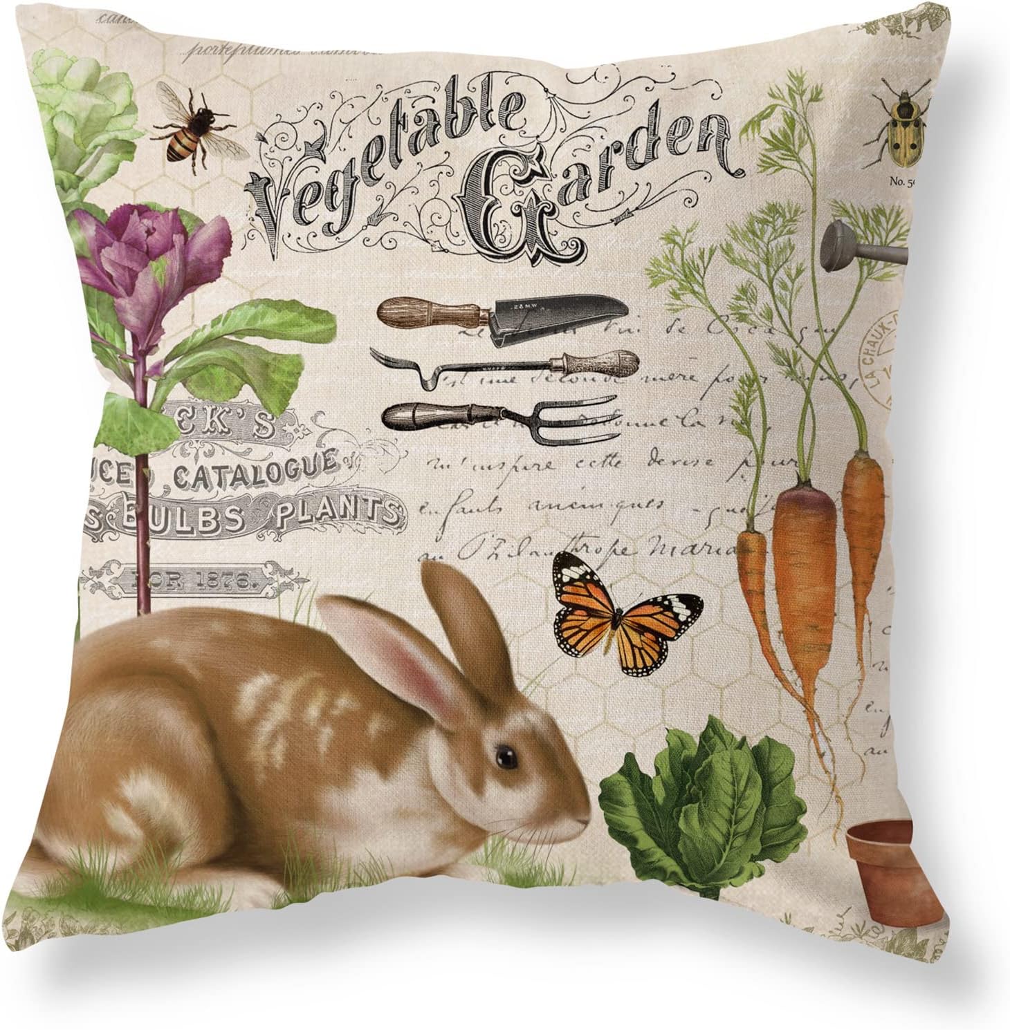 Beige Vintage Throw Pillow Covers 18x18 Set of 4 Rustic Farmhouse Bunny Bird Bee Pillow Covers