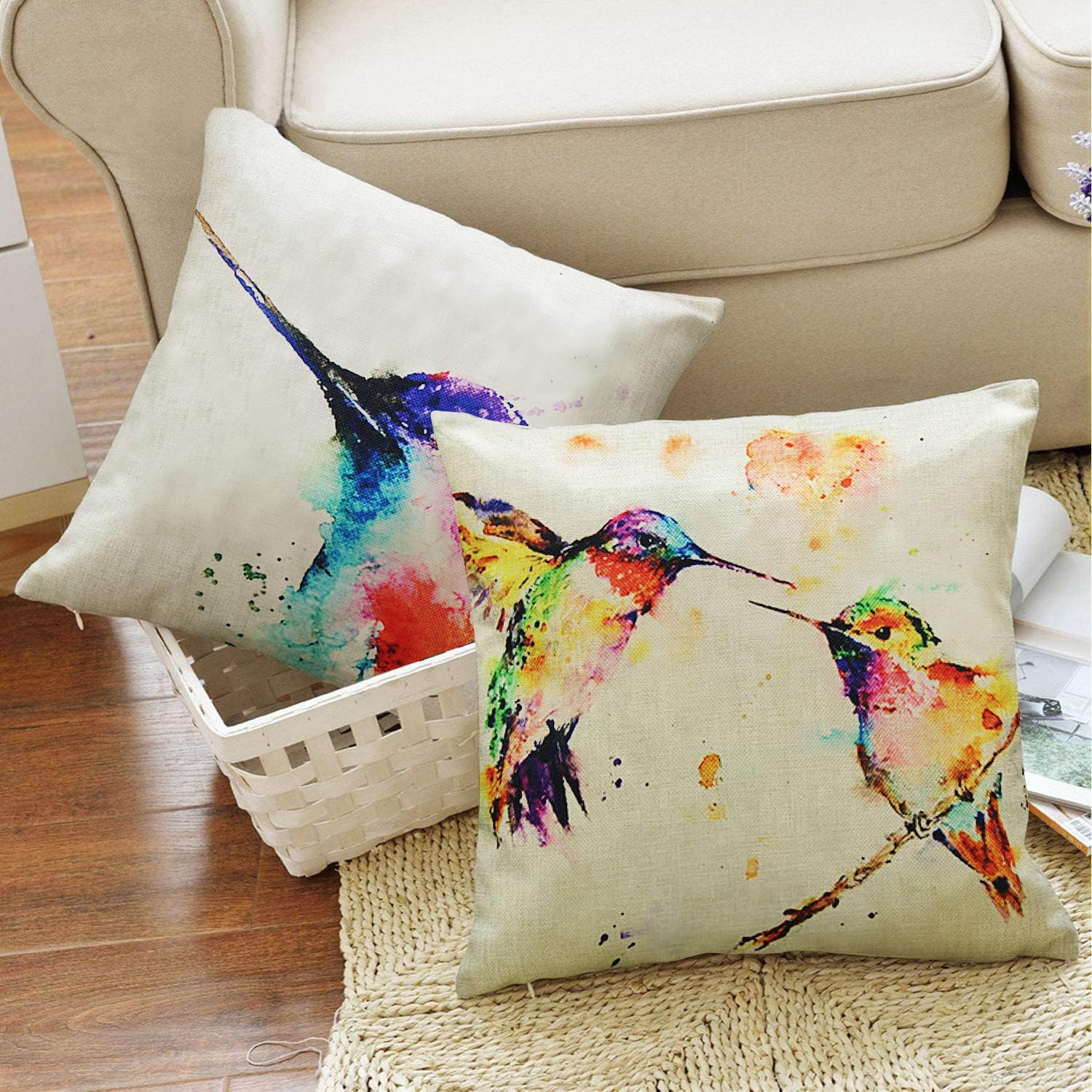 Set of 4 Spring Hummingbirds Decorative Tropical Cushion Cases, 18 x 18 inches