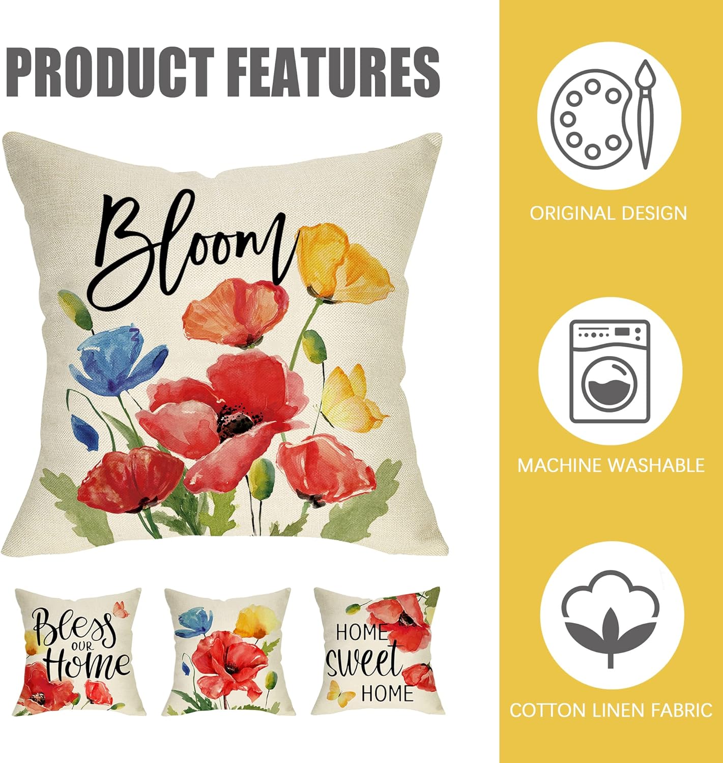Poppy Floral Flowers Decorative Throw Pillow Covers 18 x 18 Set of 4
