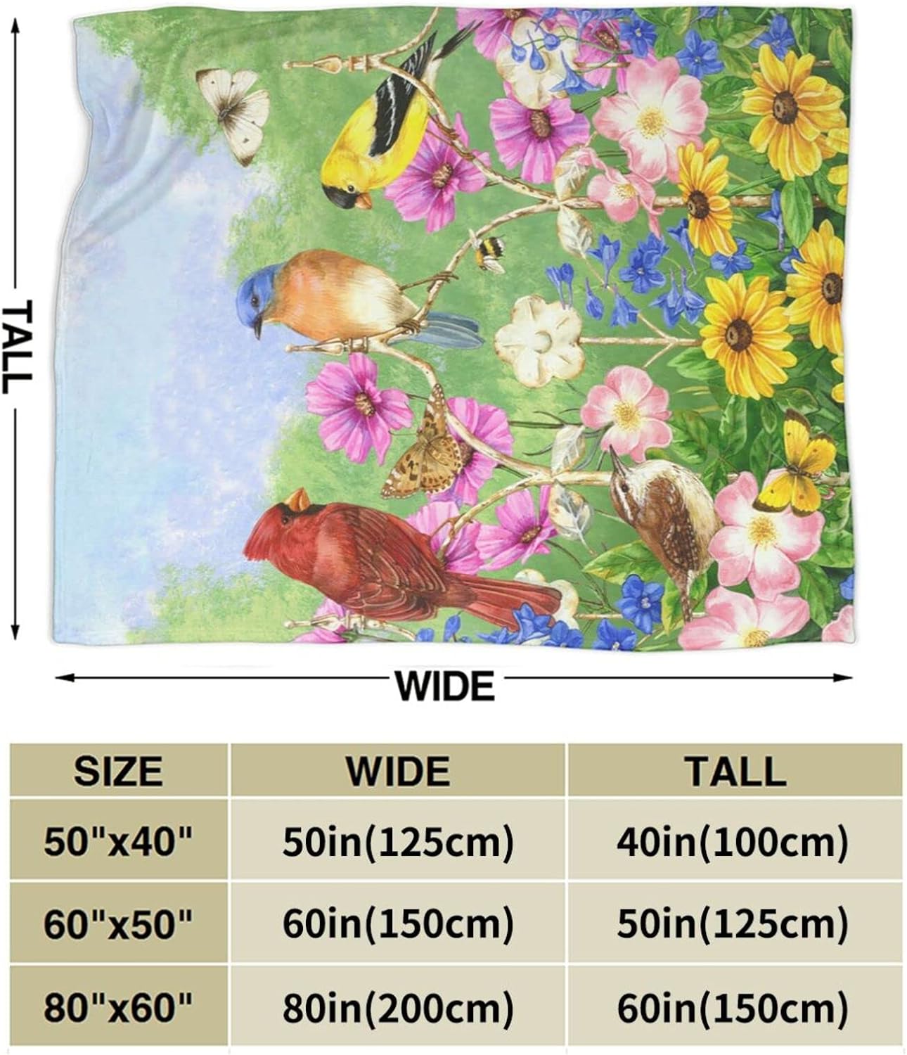 Rural Flowers Birds Throw Blanket Ultra Soft Warm All Season Rustic Sunflowers, 50"X40"