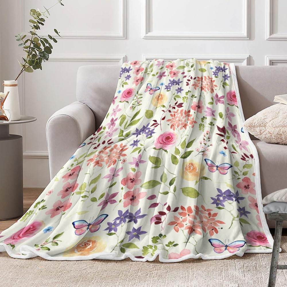 Pink Butterfly Throw Blanket Soft Cozy Warm Plush Fleece Flannel Blanket, 60 x 50 inches