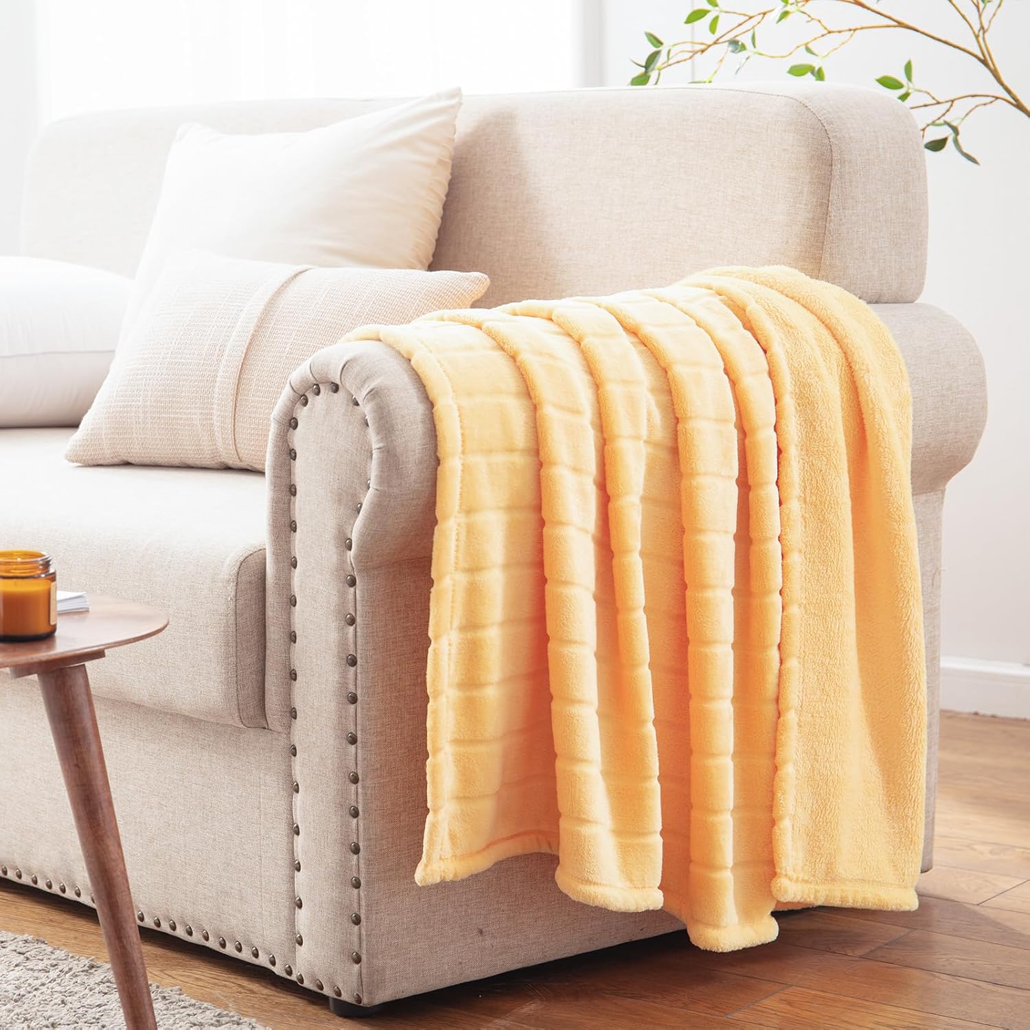Decorative Stripe Lightweight Fleece Cozy Sofa Bed Seasons Throw 330 GSM Soft Plush Fuzzy Warm Fluffy Blanket, 50"x 60", Yellow