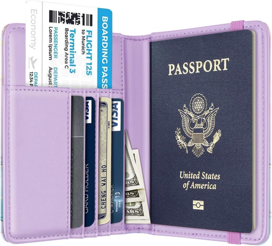 Passport Holder Cover Travel RFID Blocking Passport Cover Wallet with Elastic Band for Women, Gradien Marble