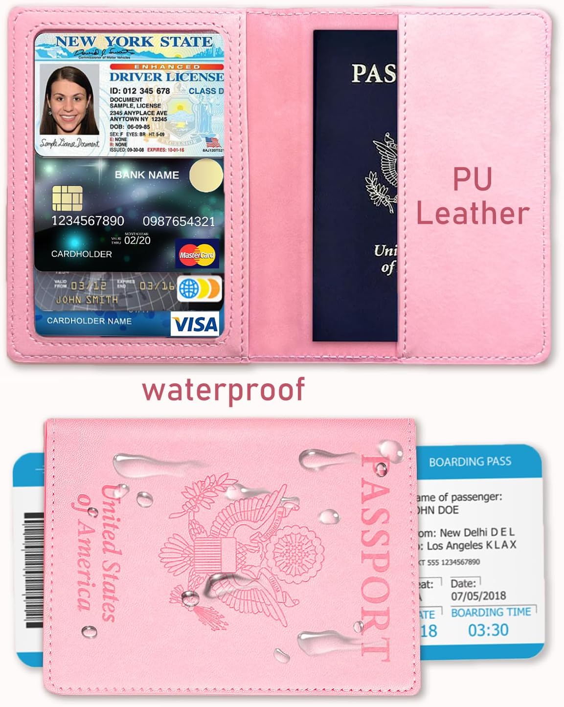 Leather Passport Holder Covers Case, Passport Book Wallet Card Slot Luggage Tag, Pink