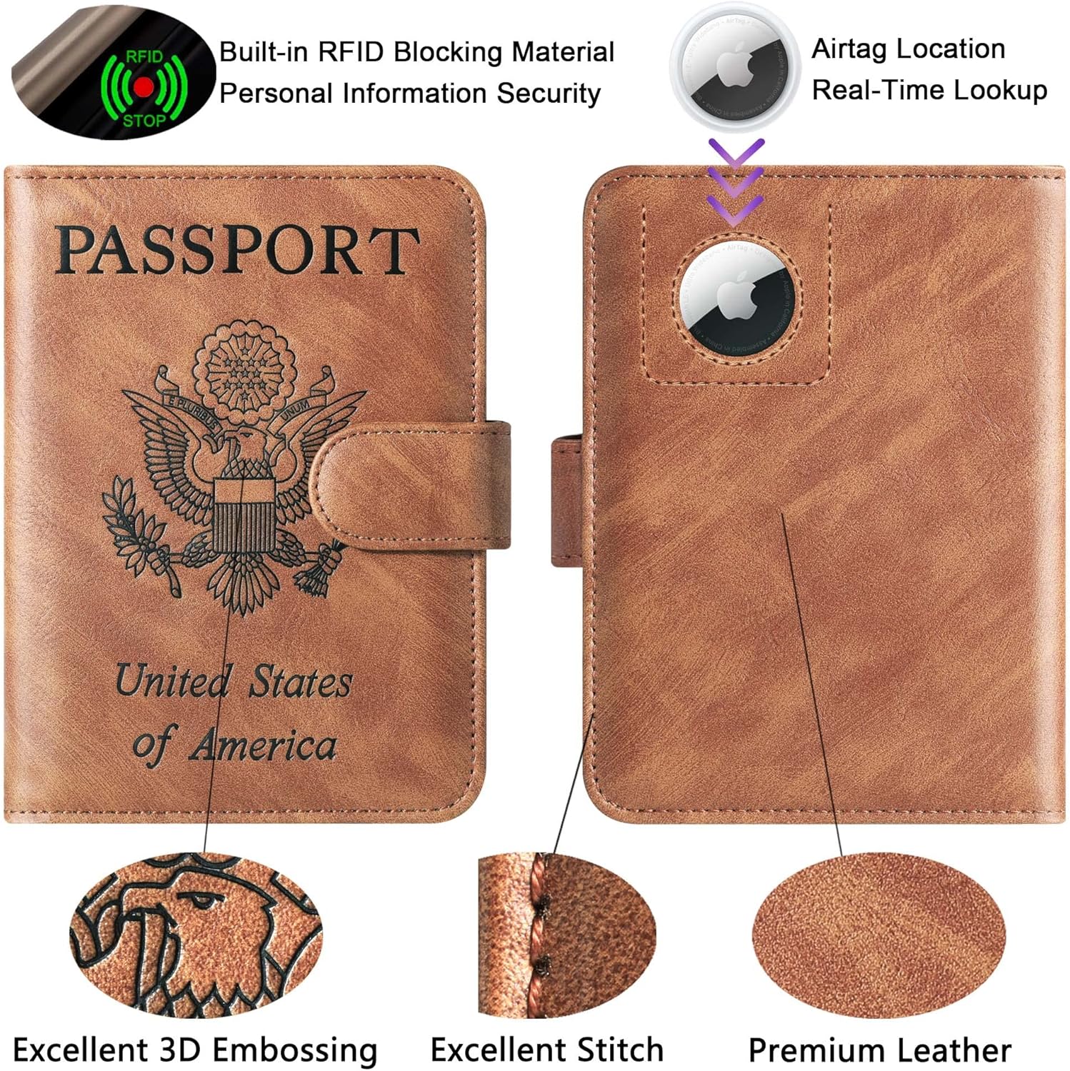 Airtag Passport Holder Cover Wallet Travel Essentials with Rfid Blocking Case, Brown