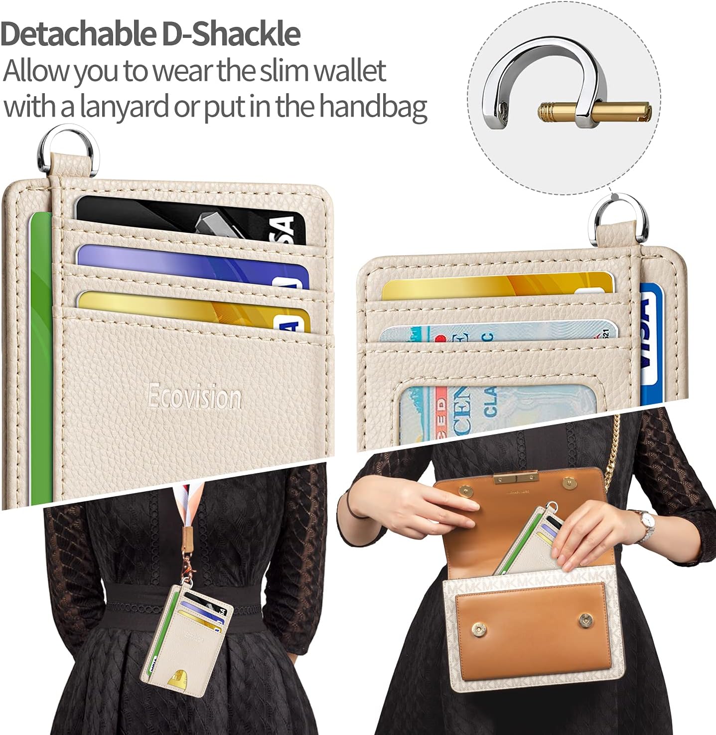 Slim Minimalist Front Pocket Wallet, RFID Blocking Credit Card Holder Wallet with Detachable D-Shackle, Beige