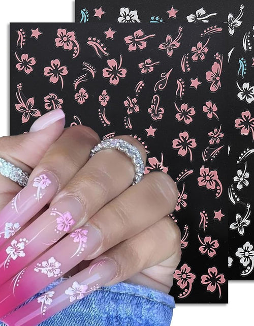 Load image into Gallery viewer, Hibiscus Nail Decals 3D Self-Adhesive White Pink Gold Flower Pattern, 6 Sheets
