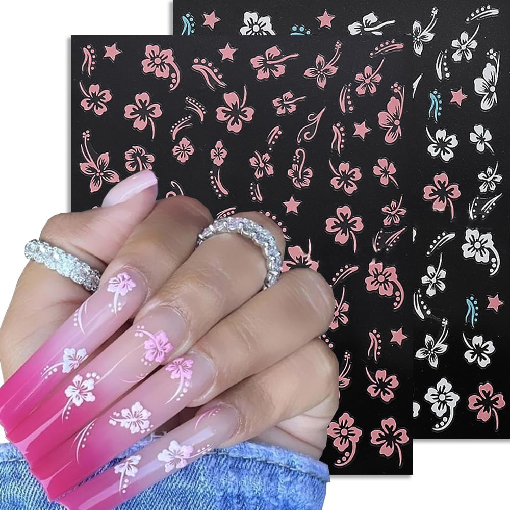 Hibiscus Nail Decals 3D Self-Adhesive White Pink Gold Flower Pattern, 6 Sheets