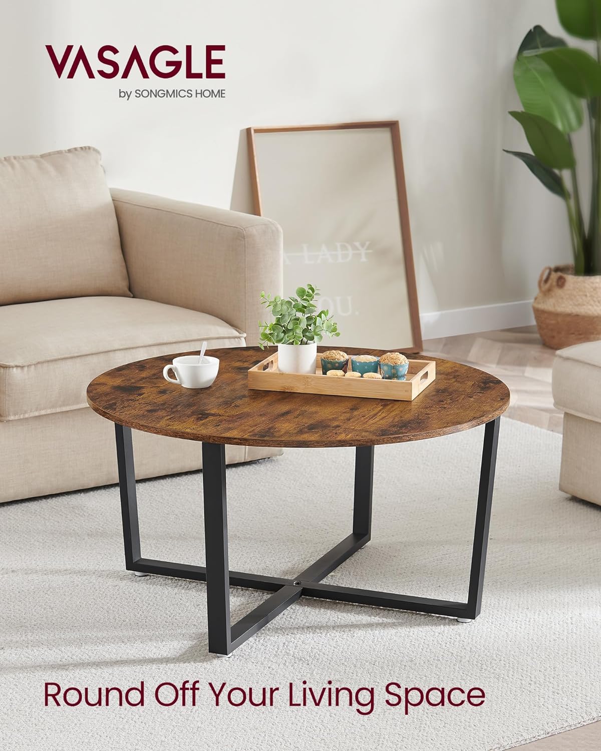 Coffee Table - Distressed Gray Oak Finish, Round, Black Metal Frame, Beige, Wood, Rustic