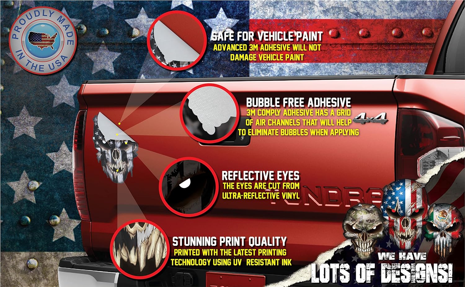 Skull with Reflective Eyes American Flag Vinyl Decal Stickers Car Truck Sniper Marines Army