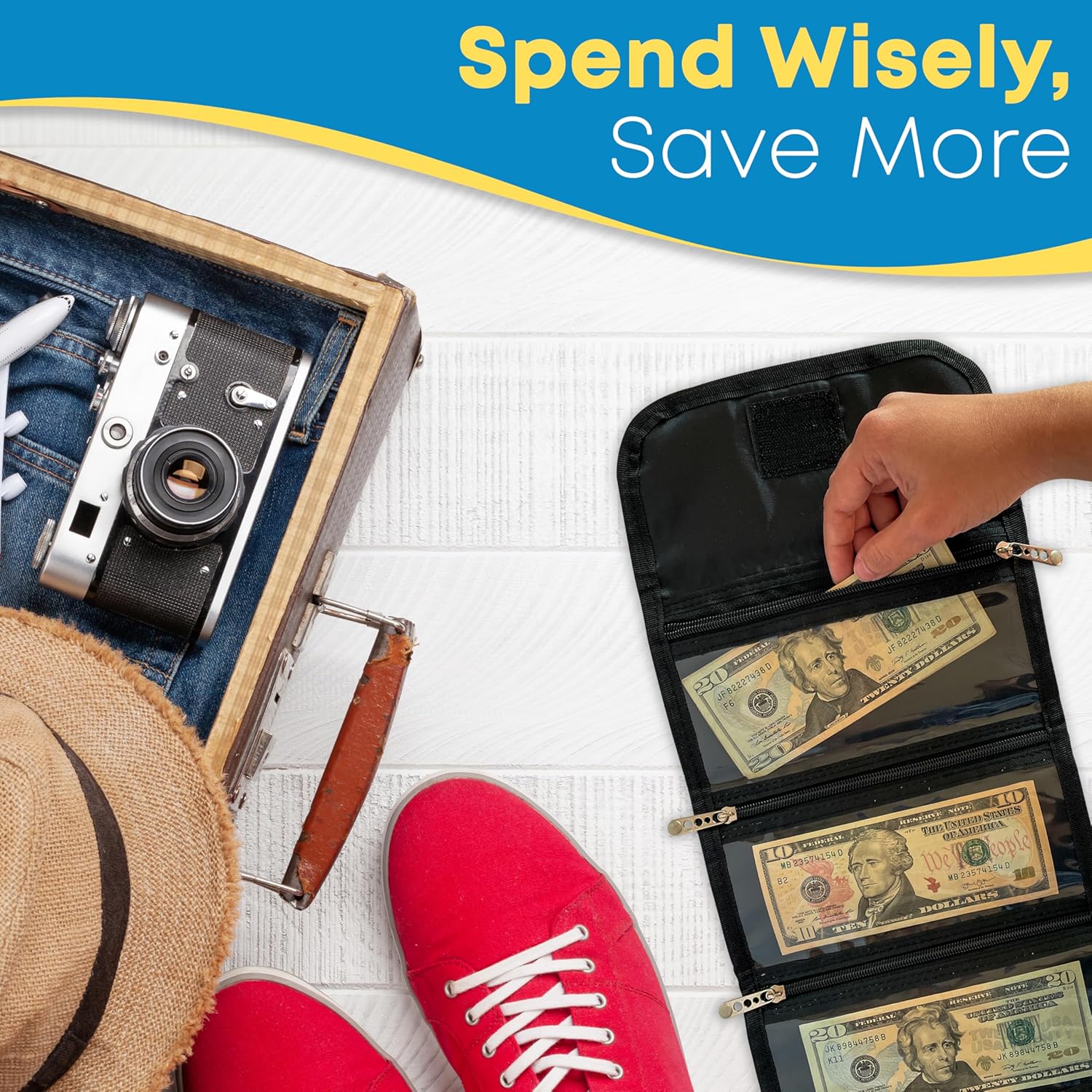 Money Organizer, Cash Wallet with 4 Zipper Slots - Money Organizer for Budget