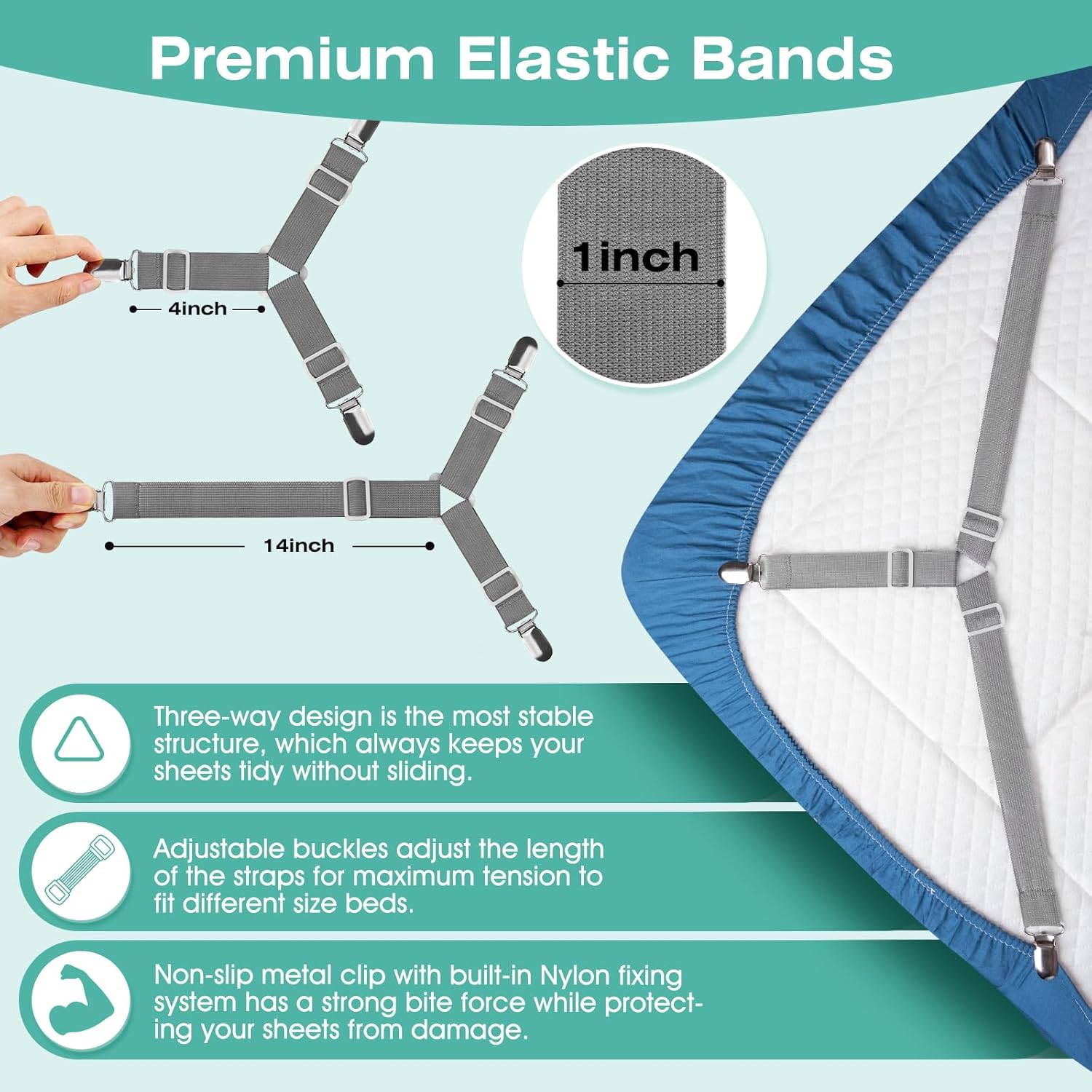 Bed Sheet Straps, Easy to Install Sheet Straps, Fitted Sheet Clips, Adjustable Sheet Fasteners (Gray-4 Pcs)